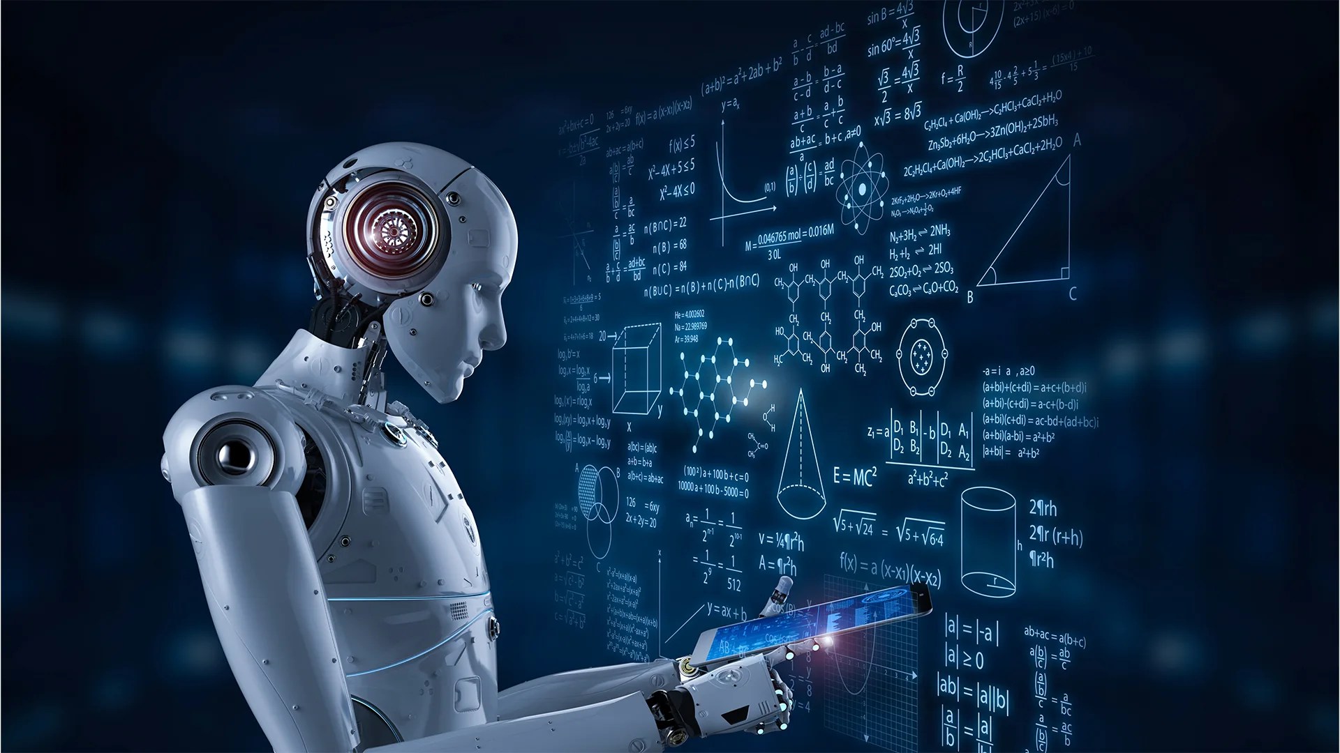 Artificial intelligence robot analyzing mathematical formulas and data using machine learning technology