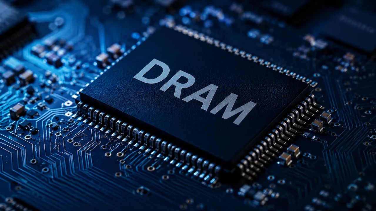 Macro image of a DRAM memory chip on a blue printed circuit board with visible electronic pathways and components.