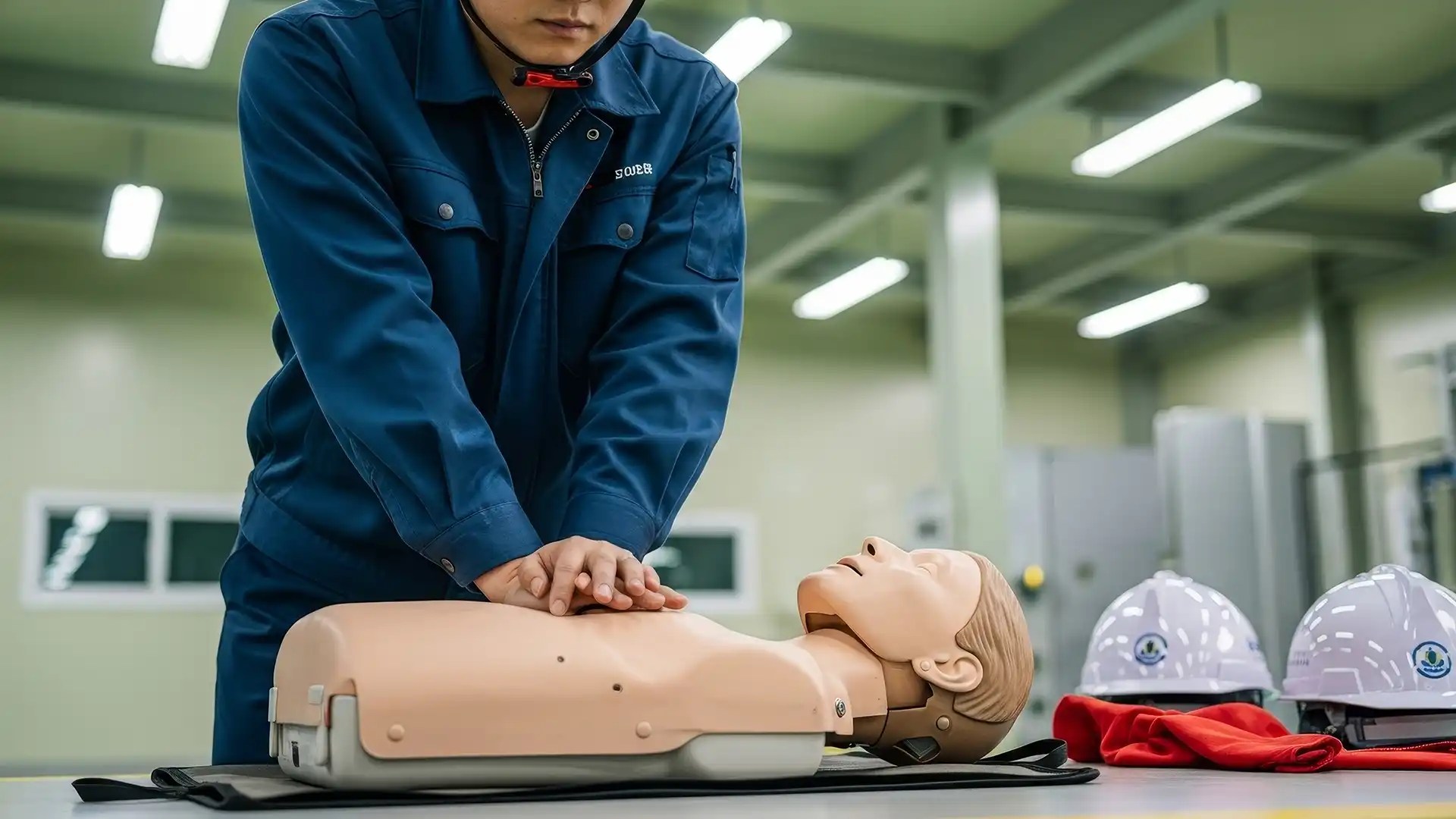 Person in a blue uniform performing chest compressions on a CPR manikin during training session.