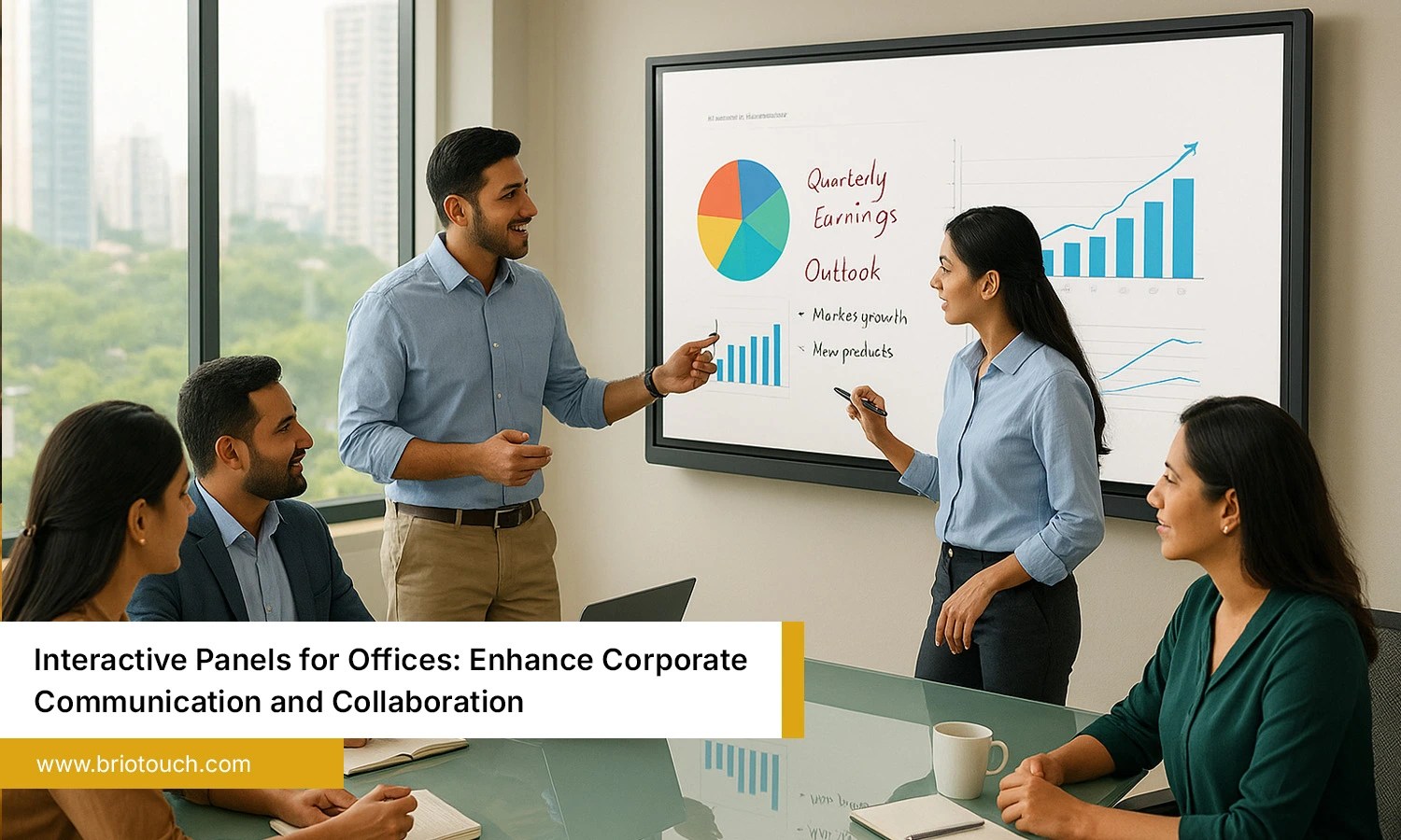 Team discussing using interactive flat panel for office