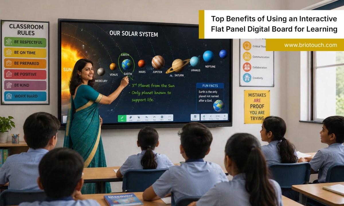 Indian teacher using an interactive flat panel digital board to engage students in a modern smart classroom learning environment.
