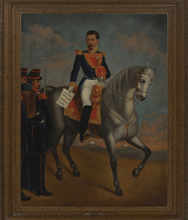 Artist Once Known (Mexico),
Porfirio Díaz
, mid-19th century, NO REELECCIÓN, CONSTITUCIÓN,
SUFRAGIO LIBRE, Oil on canvas, 25 x 20 in (Detail). Private Collection
