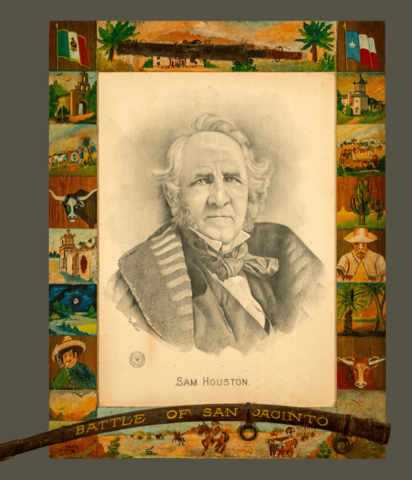 Mellan (American, n.d.),Lithograph of Sam Houston,Folk art frame, 1928
,Lithograph on paper,
wood, metal,
35 ½ x 34 ⅛ x 3 in (Detail). Witte Museum Permanent Collection, San Antonio, TX