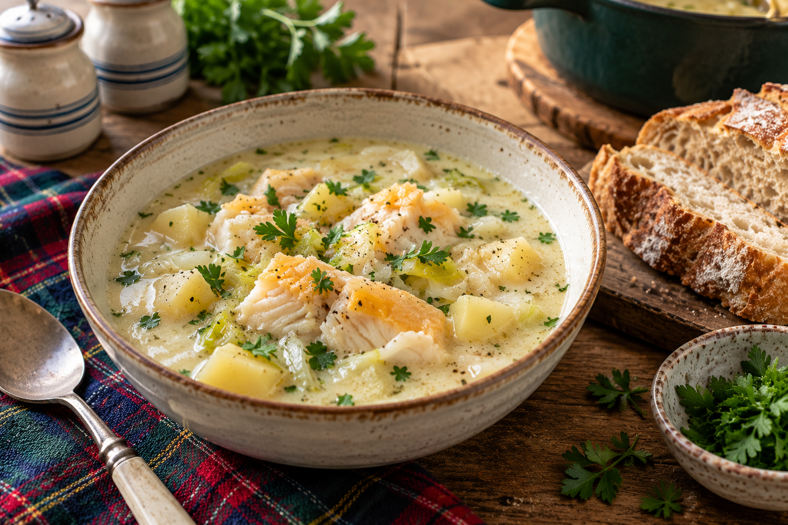 Traditional Scottish Cullen Skink soup with flaky smoked haddock, tender potatoes, leeks, and fresh parsley in a rustic ceramic bowl, served with crusty bread on a wooden table with tartan cloth.