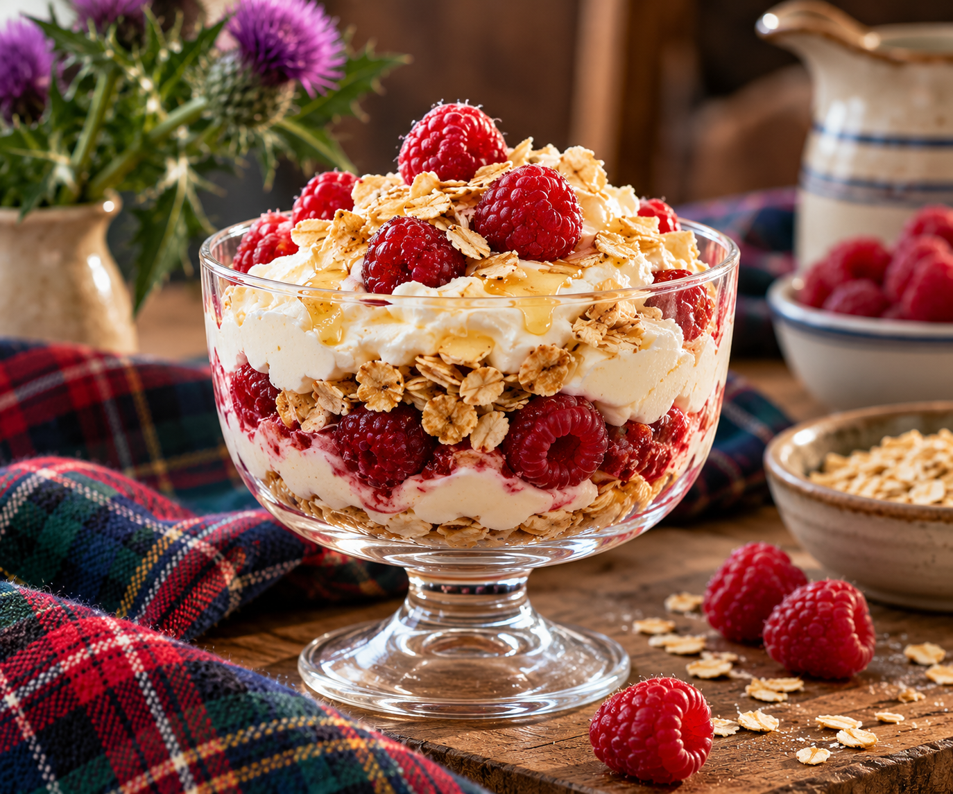 Traditional Scottish Cranachan dessert layered with fresh raspberries, whipped cream, toasted oats, and honey in a glass dessert bowl, served on a rustic wooden table with tartan cloth and Scottish thistles.