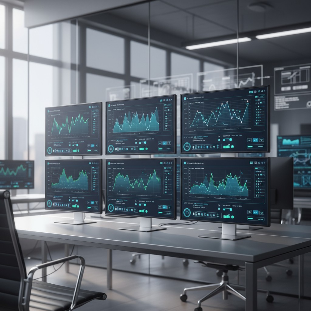 Several computer monitors displaying graphs and charts connected to multiple computers in an office environment.