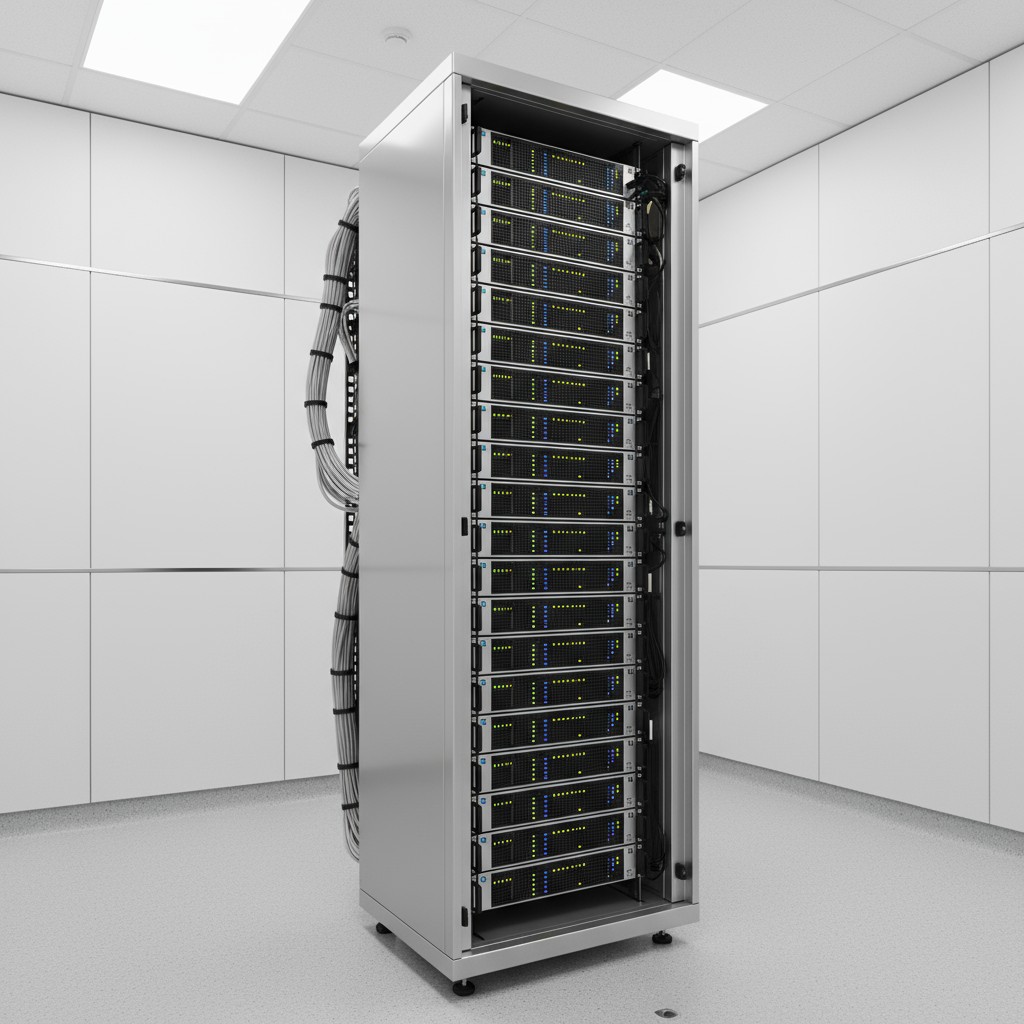 Large metal server cabinet with multiple servers and wires in a server room or data center.