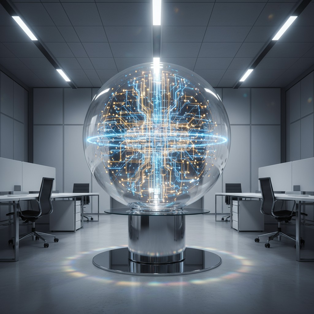 A large, futuristic-looking orb with glowing circuits sits in a predominantly empty office, suggesting technological advan...