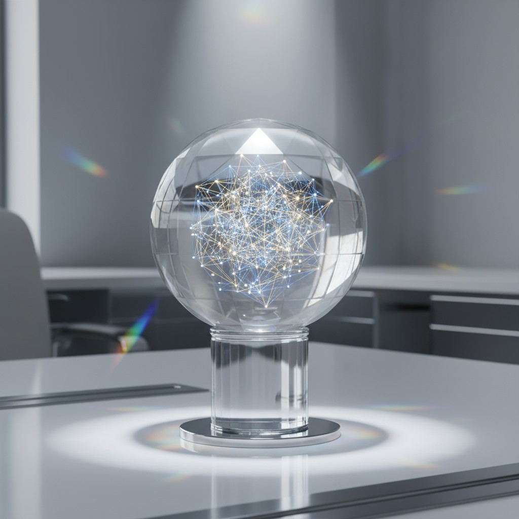 A crystal ball sitting on a table casting a light around it with connecting lines in it reflecting different colors of lig...