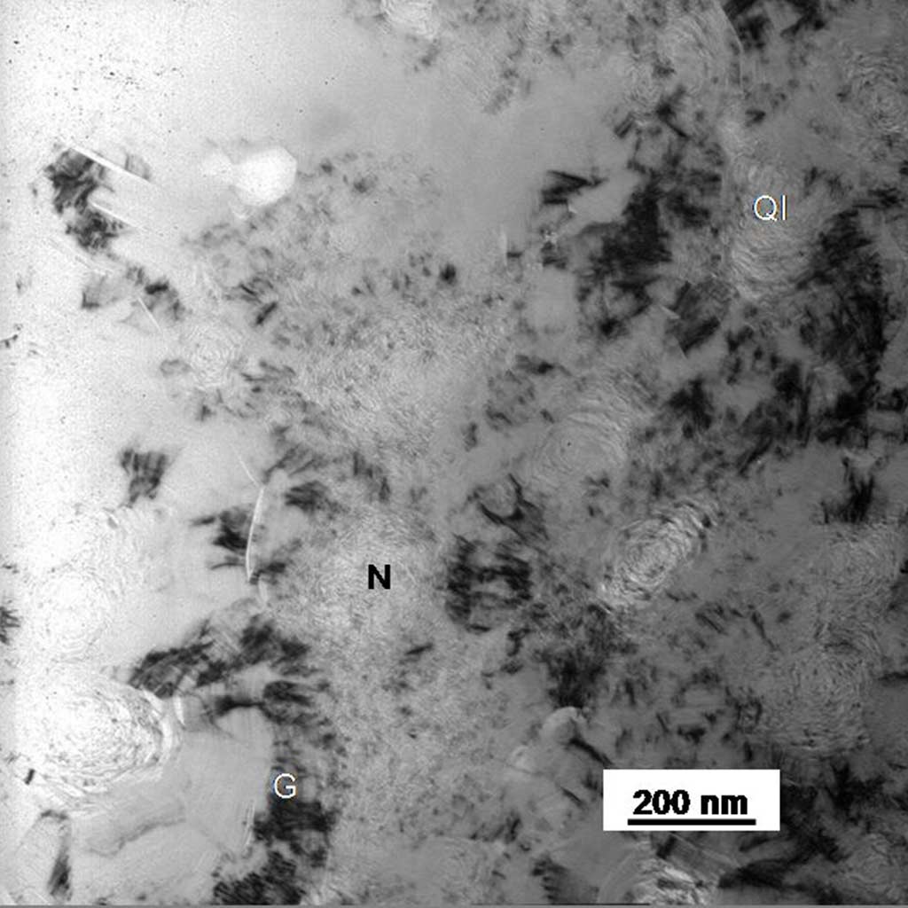 Gilsocarbon nuclear graphite Gilsocarbon nuclear graphite Keyun Wen Transmission electron microscopy image a binder microstructure in Gilsocarbon nuclear graphite. Quinoline insoluble (QI) particles with a size of ~200 nm, can be observed. Well-graphitized crystallites (G) with different orientations are observed between these QI particles. Finer features with a nanosized structure (N) can also be observed.