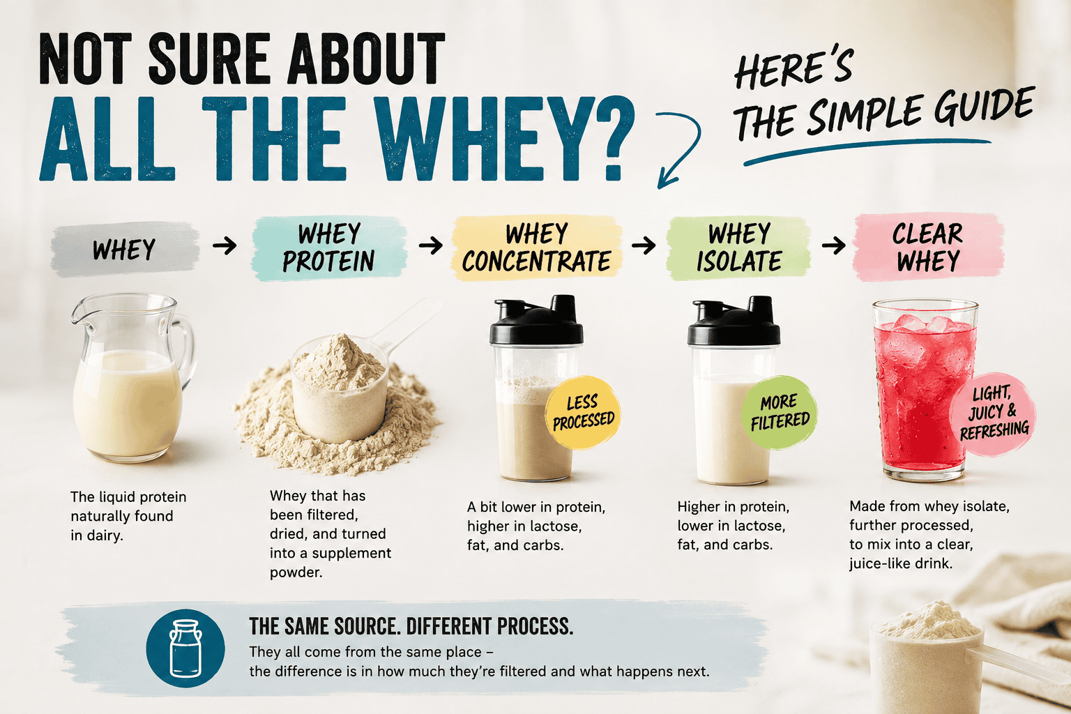 Visual guide explaining the difference between whey, whey protein, whey concentrate, whey isolate, and clear whey.
