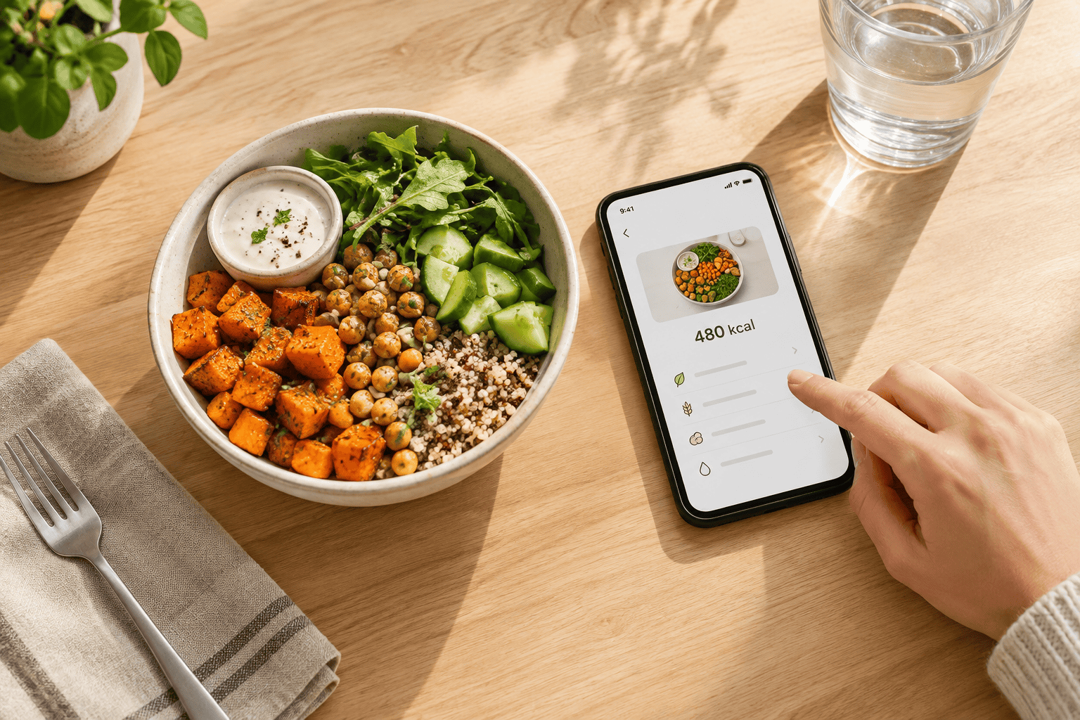 Bowl of veggies and legumes next to a smartphone displaying a calorie counting app.