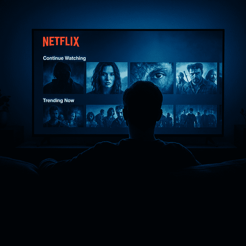 Person watching Netflix on TV screen with trending shows in 2026.