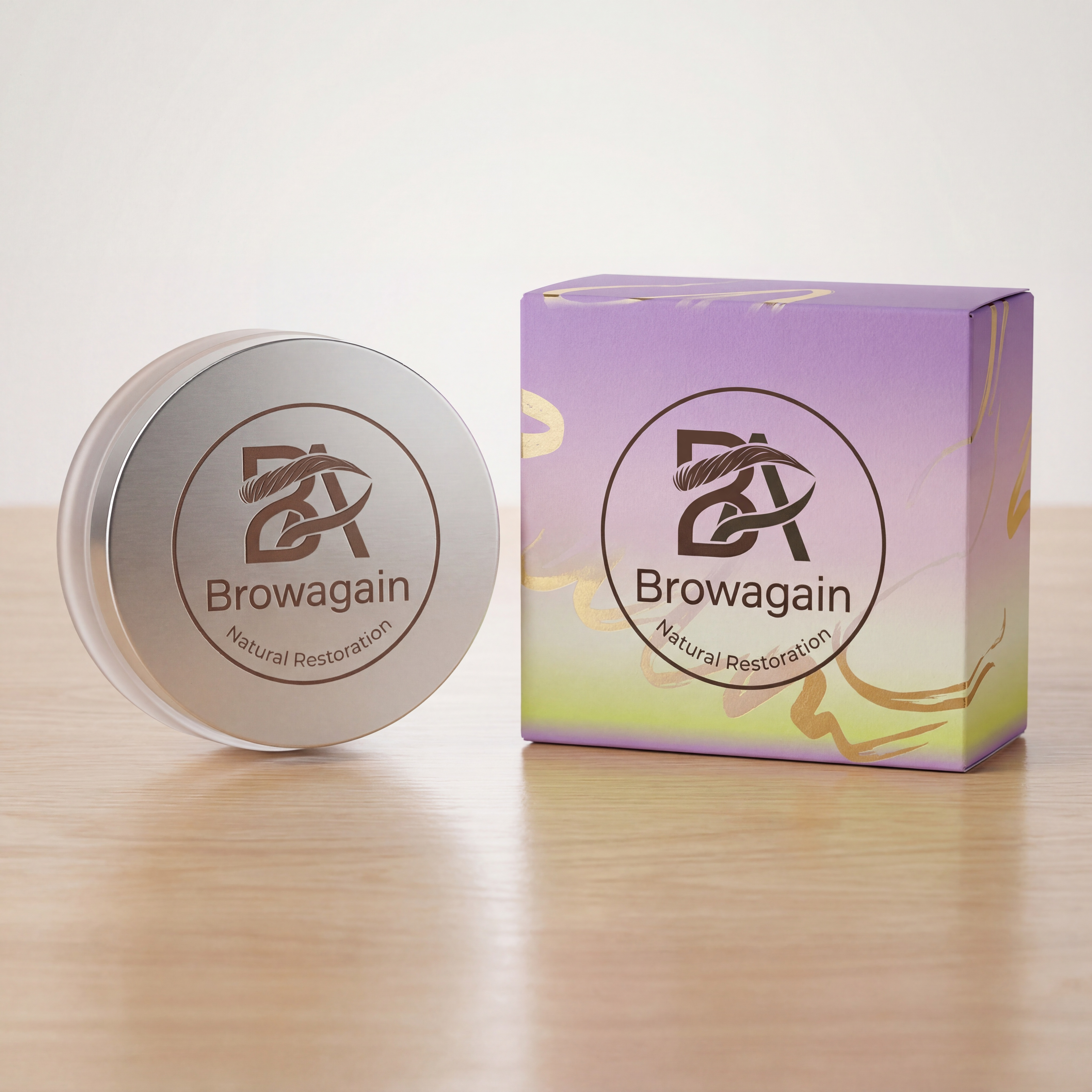 Browagain Instant Matte Setting Powder in compact and box packaging used to set and mattify eyebrow makeup and temporary eyebrow tattoos.