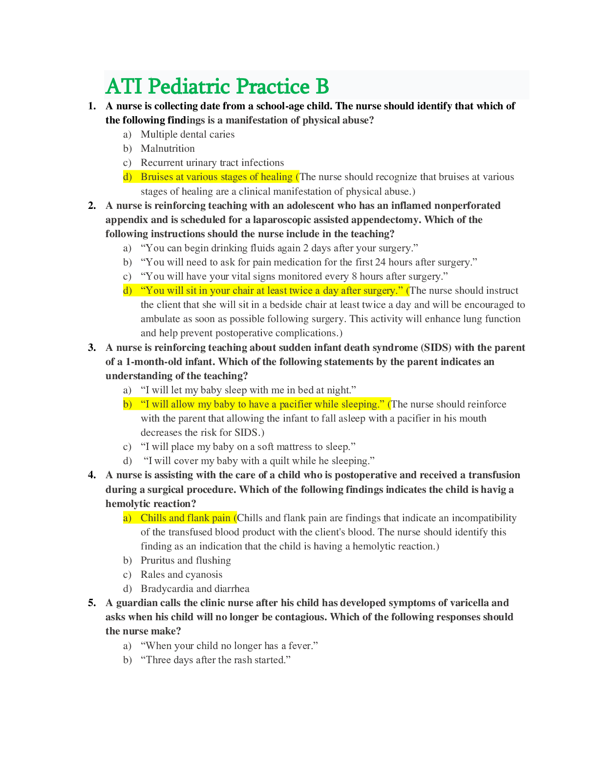 Ati pediatric practice b questions and answers (latest update)