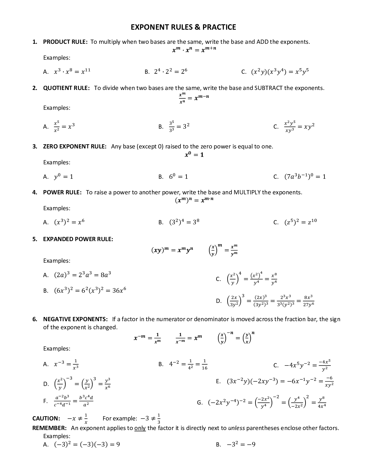 Exponent rules & practice a+ with answer keys