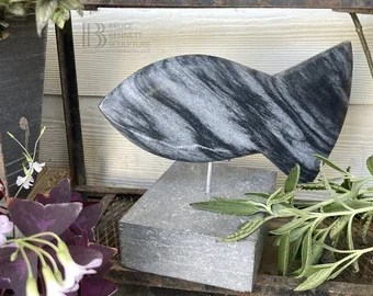 Fish No. 6 sculpture in black and white Georgia marble by Bruce Bennett