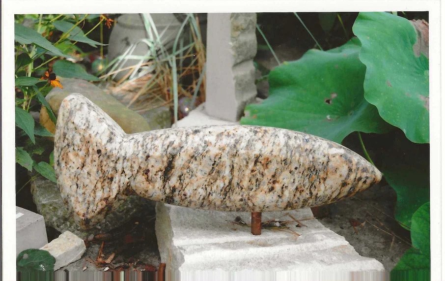 2008 fish sculpture in Kashmir White granite by Bruce Bennett