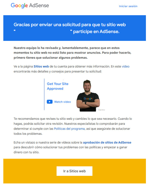 Email de rechazo de Adsense