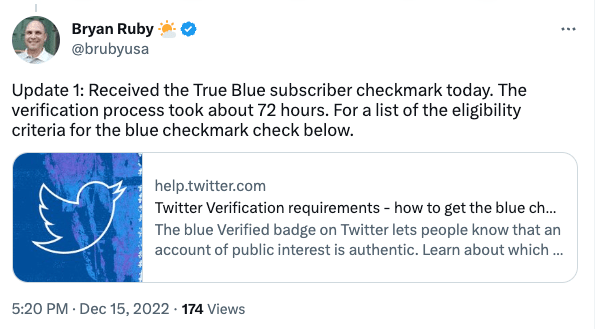 A tweet from Bryan Ruby declaring he received the blue checkmark.