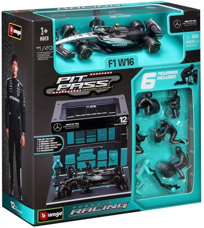 Bburago 1/43 - F1 2025 - Mercedes AMG W16 (#12) Pit Pass Diorama - Kimi Antonelli