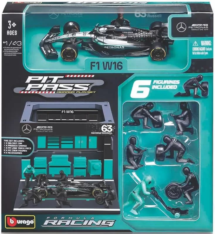 Bburago 1/43 - F1 2025 - Mercedes AMG W16 (#63) Pit Pass Diorama - George Russell
