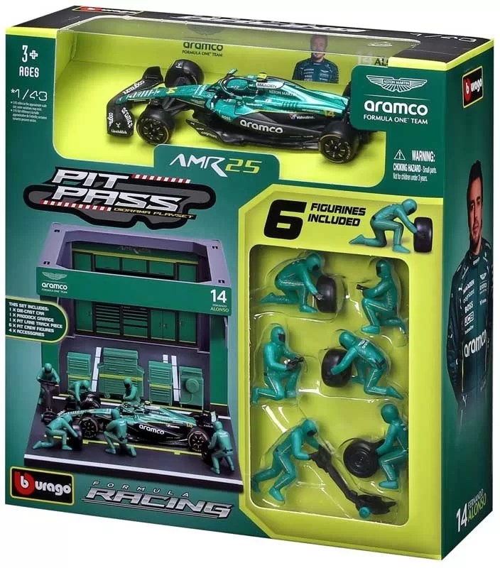 Bburago 1/43 - F1 2025 - Aston Martin AMR25 (#14) Pit Pass Diorama - Fernando Alonso