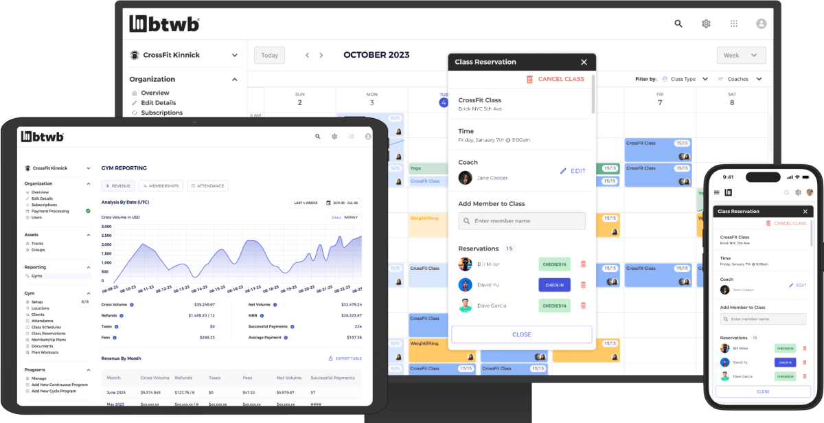 Screenshot of the BTWB gym management platform showing class scheduling and reporting features.