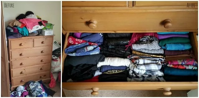 before and after clothes declutter and tidy via konmari method