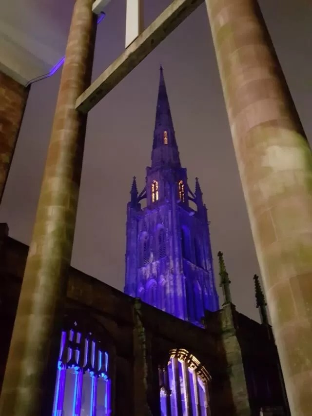 Coventry Cathedral in puple lights