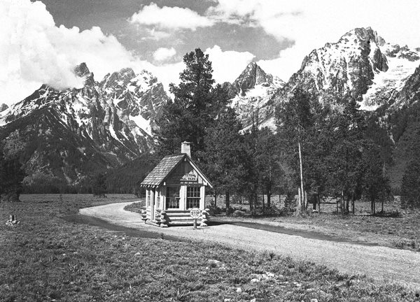 The historic Moose entrance kiosk, which once stood as an entrance to Grand Teton National Park near Jenny Lake in the 1930's, was moved back near its original location as part of the Jenny Lake renewal project. (NPS)