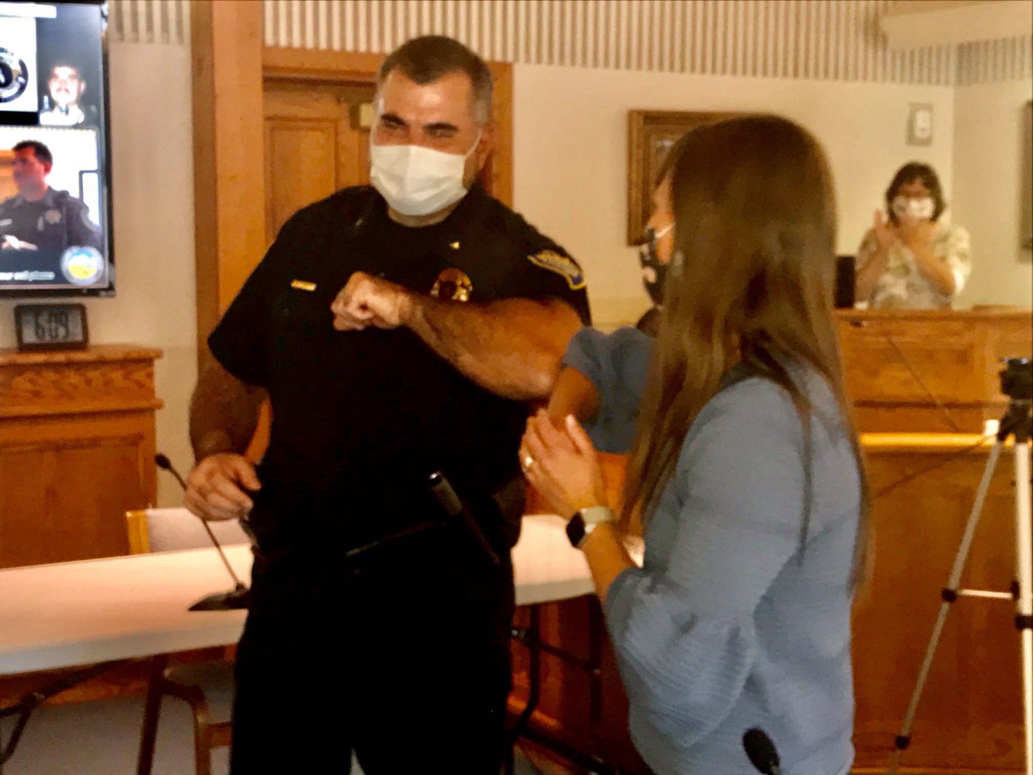 Chief Todd Smith and Vice Mayor Hailey Morton Levinson share 'elbow bump.' Photo: TOJ