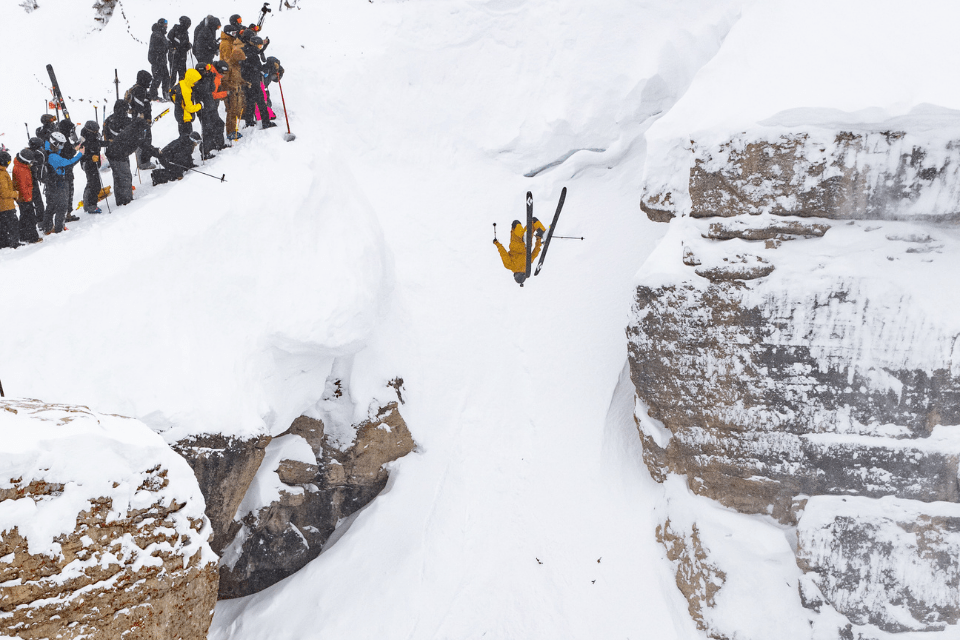 Parkin Costain double back-flips into Corbet's on his first run through the course in 2021. Photo: Keegan Rice