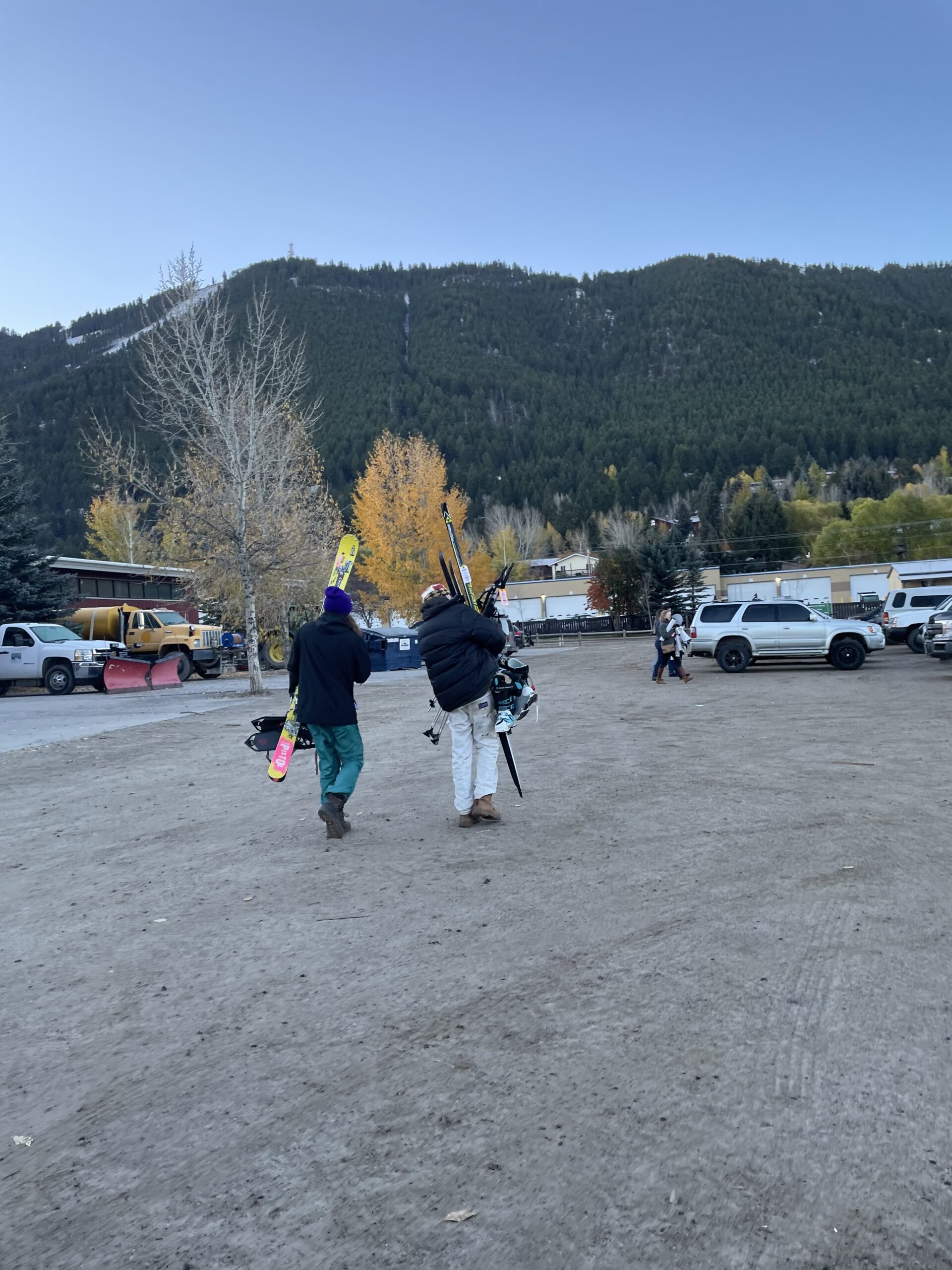 Skiers walk home with their new gear. Photo: Lindsay Vallen // Buckrail