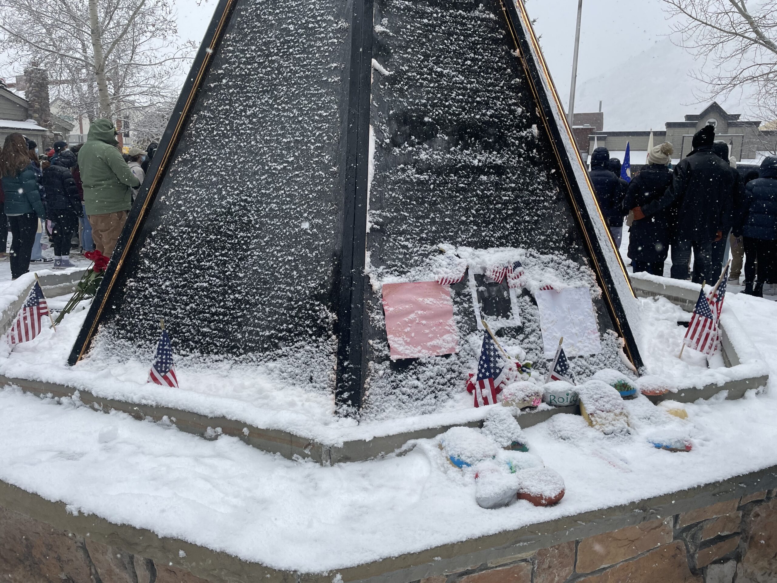 A small memorial was erected on the Veterans' Memorial Monument honoring Lance Cpl. Rylee McCollum. Photo: Lindsay Vallen // Buckrail