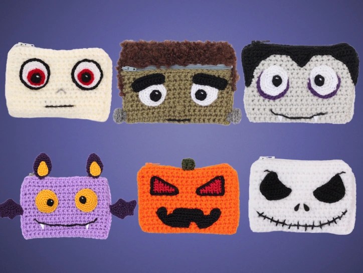 6 crochet wallets Halloween themed: bat, pumpkin, vampire, mummy, skelleton, Frankenstein
