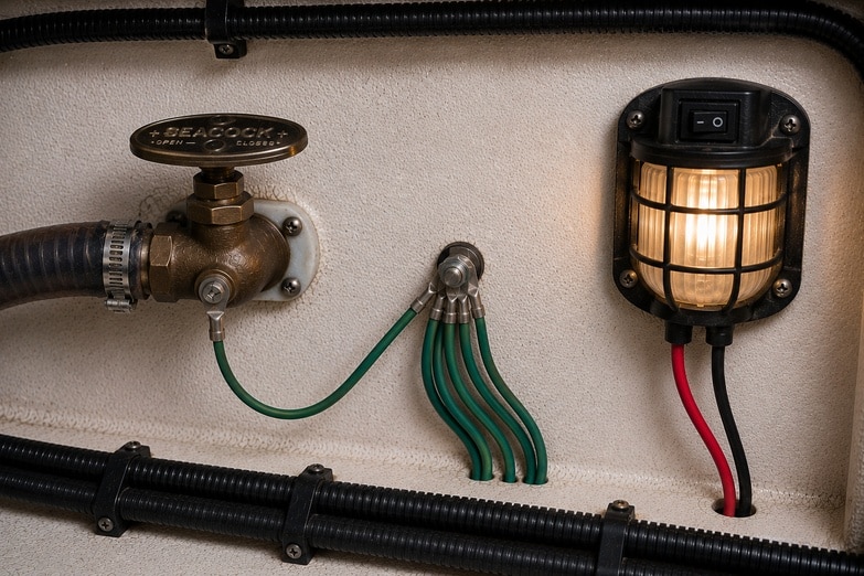 The inside of a boat hull. On the right an illuminated light with one red and one black wire connected to it. On the left a seacock with a single green wire connected to it. This leads to a bolt that goes through the hull onto which is connected several other green wires