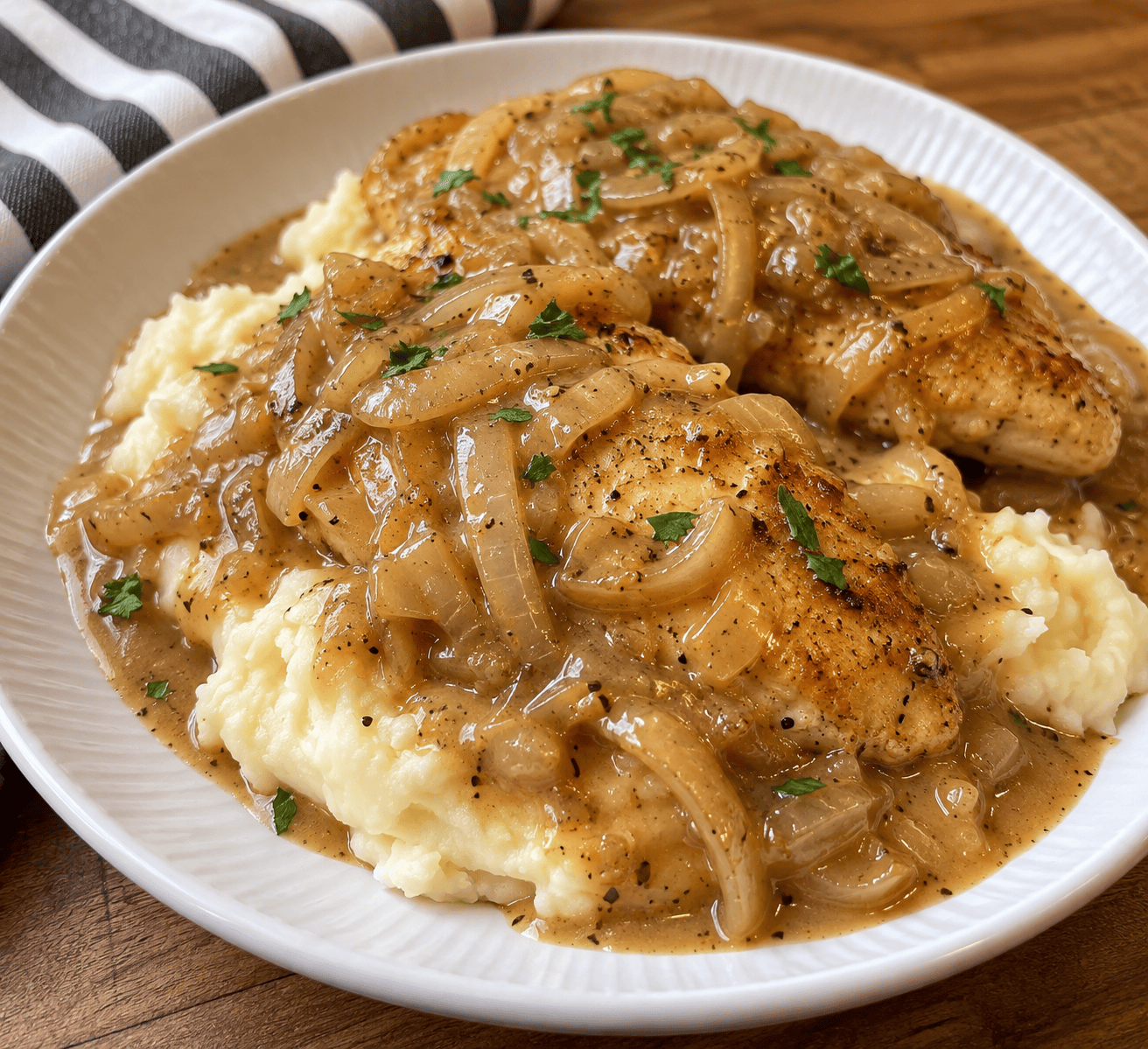 Tender smothered chicken breasts covered in homemade onion gravy and served over creamy mashed potatoes.