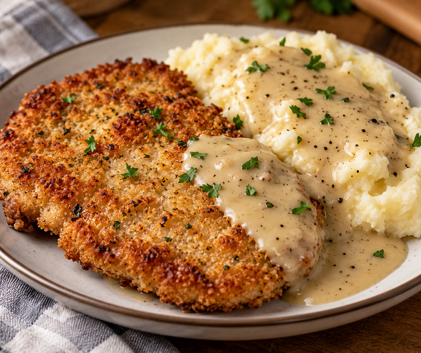 Golden crispy ranch-seasoned pork cutlets served with creamy homemade gravy and fluffy mashed potatoes on a dinner plate.