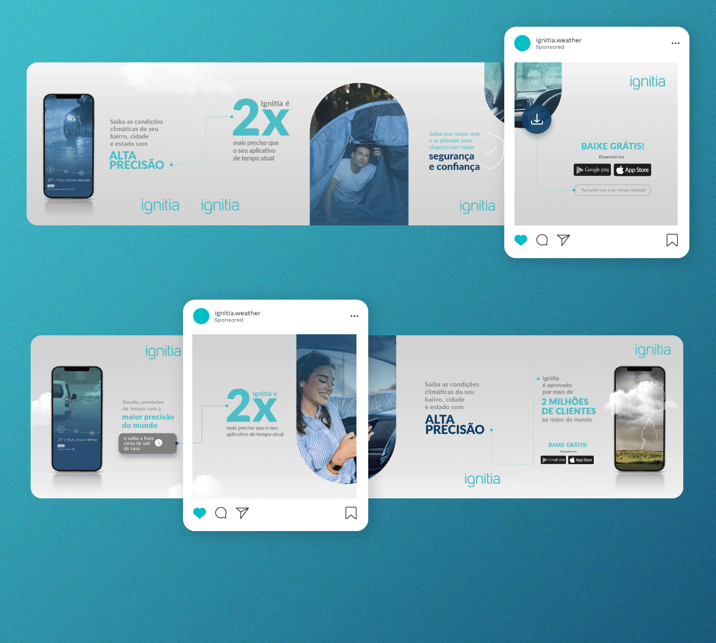 Mockups de posts do Instagram sobre a precisão do app Ignitia | Instagram post mockups about the Ignitia app precision
