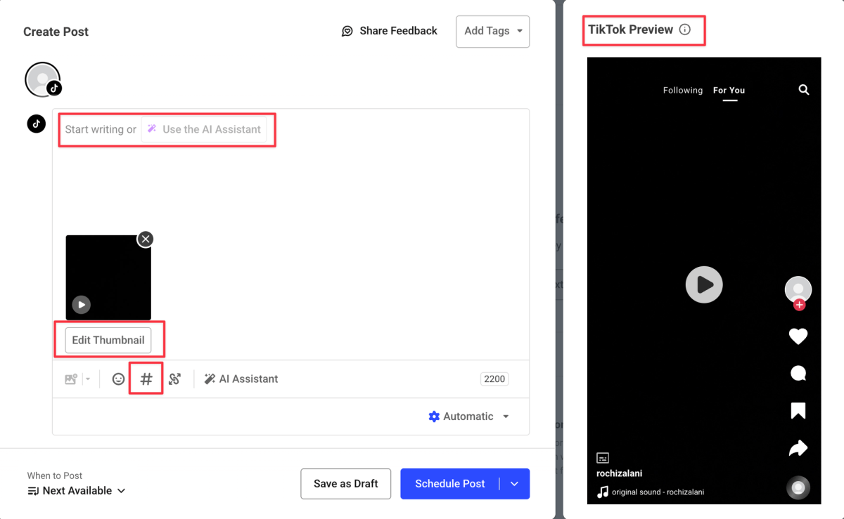 a view of the tiktok post composer within buffer