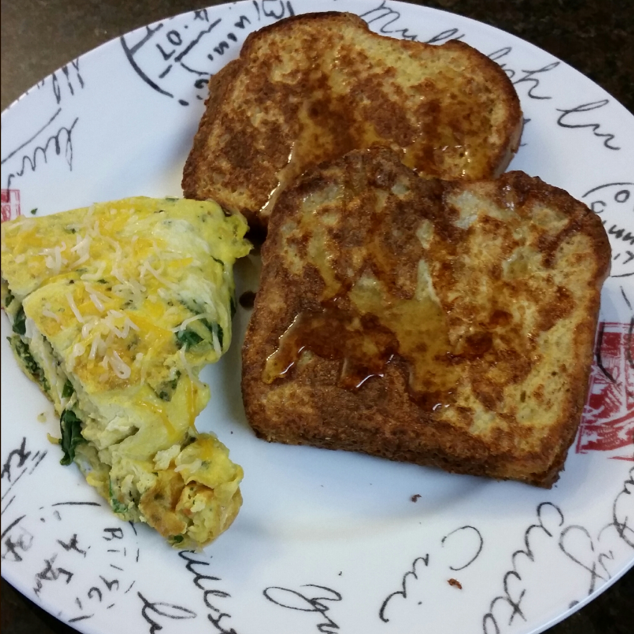 My hubby made breakfast today :) French toast with cinnamon and vanilla, and egg batter. Along with an egg frittata with turnip greens.