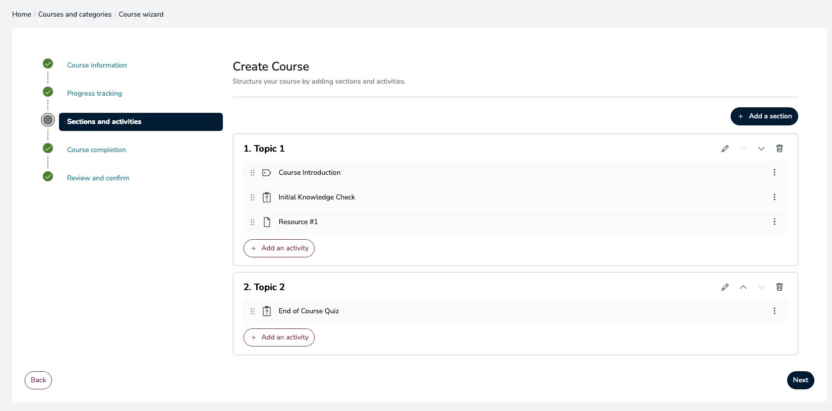 course wizard - course sections and activities