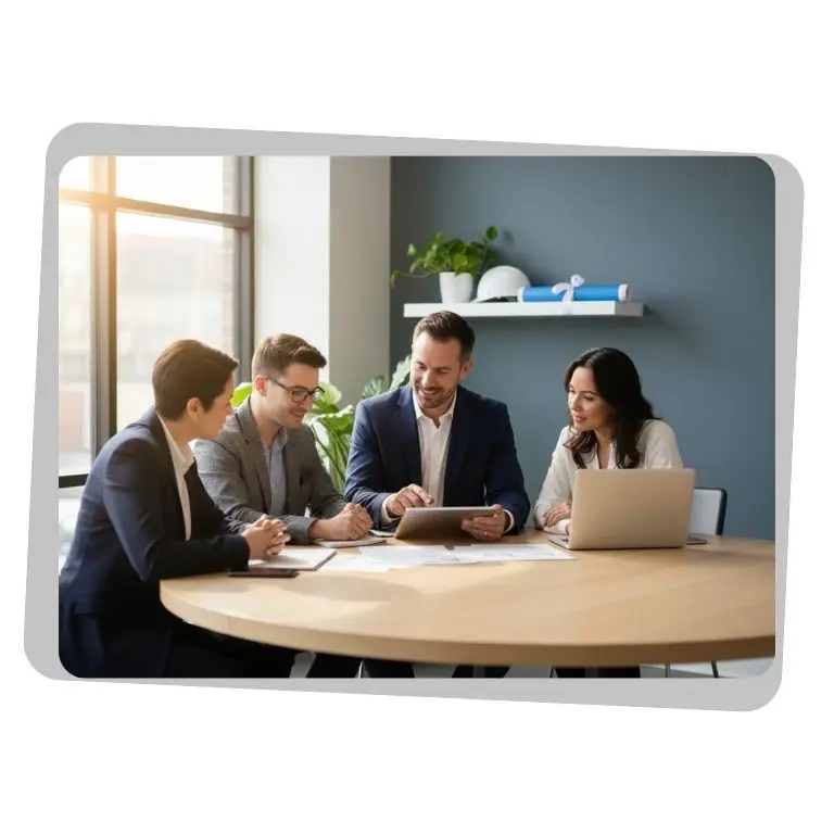 Small business leadership team meeting with an HR consultant to review employee documentation and compliance on a tablet.