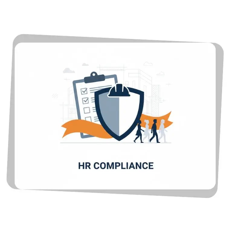 Illustration representing HR compliance support with employee documentation, workplace safety, and policy oversight.
