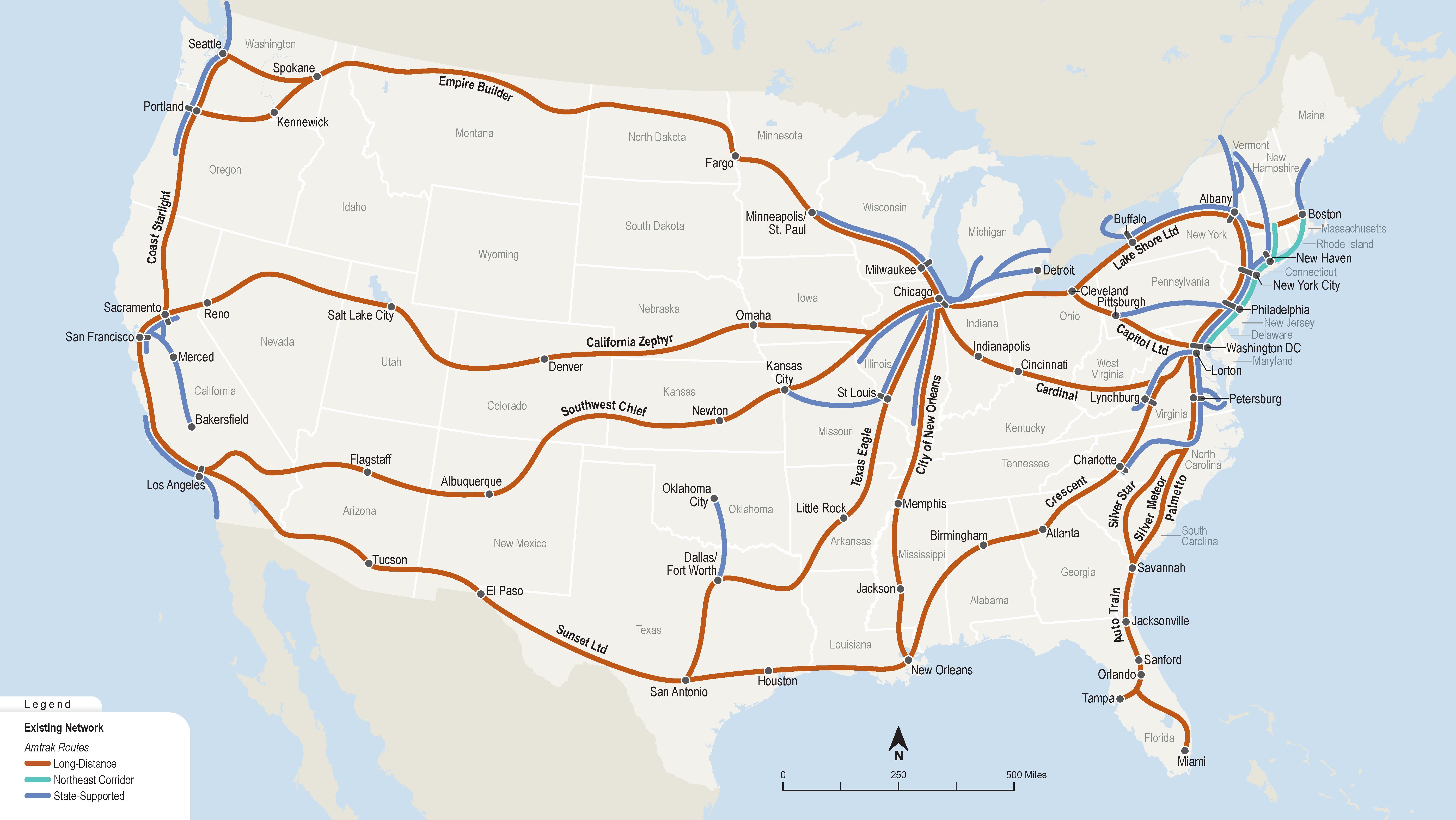Train Route Map Usa Rail Passengers Association Of Existing And ES.