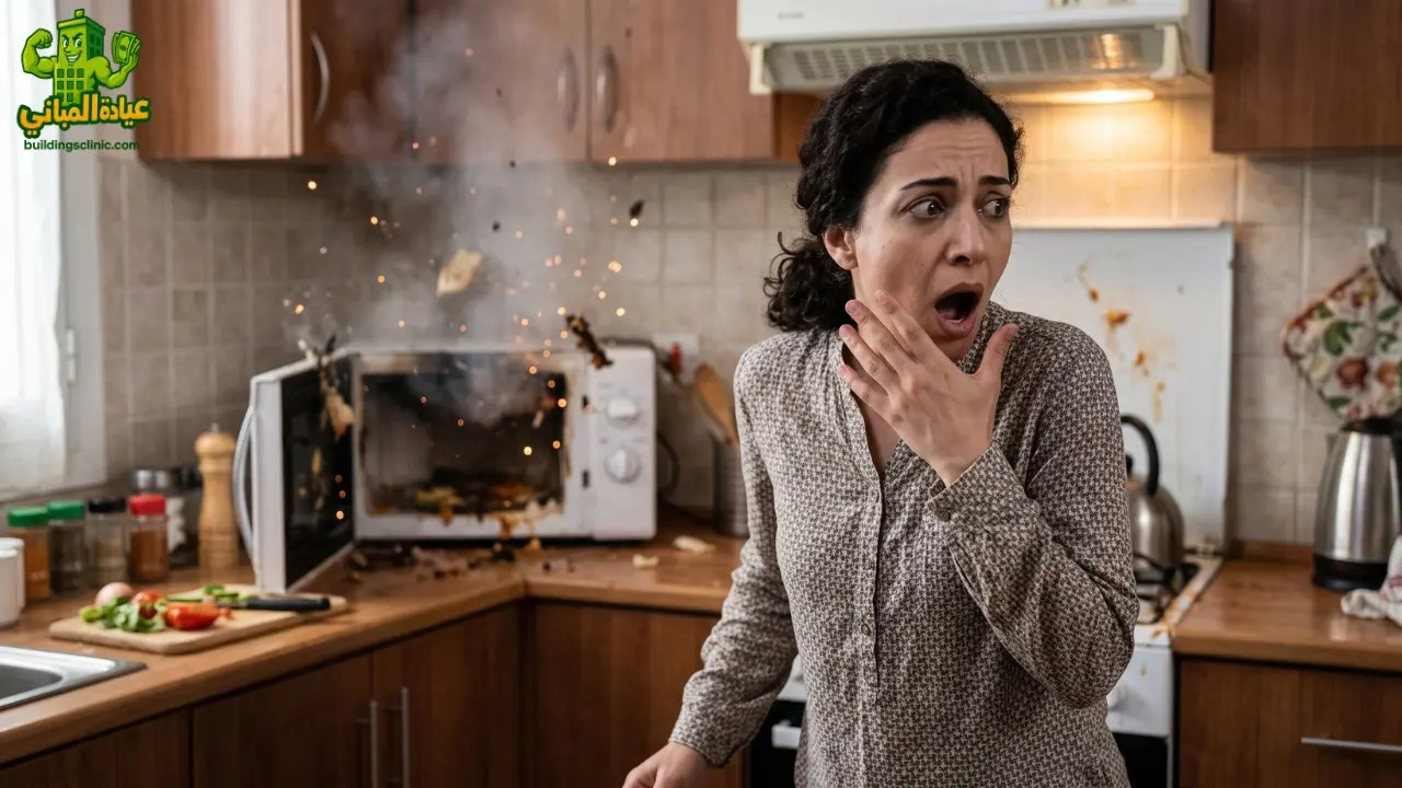 امرأة مرعوبة في المطبخ تنظر بذهول إلى انفجار صادر من فرن الميكروويف وتصاعد الدخان والشرر