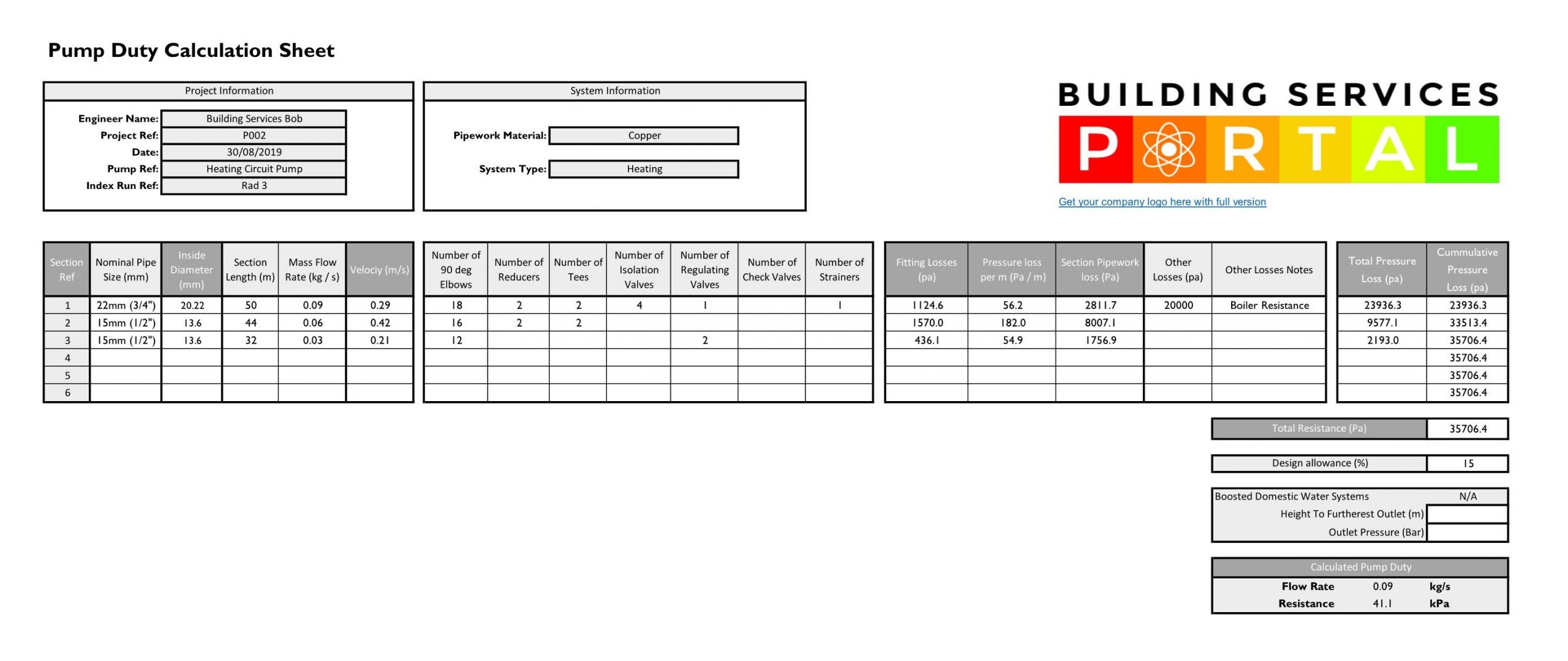 pump sizing example sheet free
