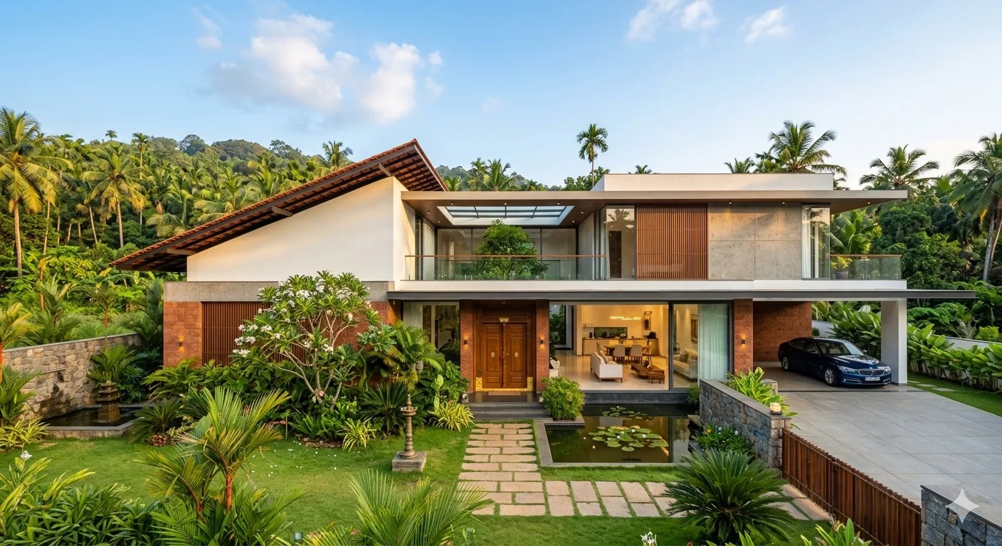 Modern Vastu-compliant luxury villa design in Kerala with a tropical garden and traditional sloped roof, built by Buildtech Builders.