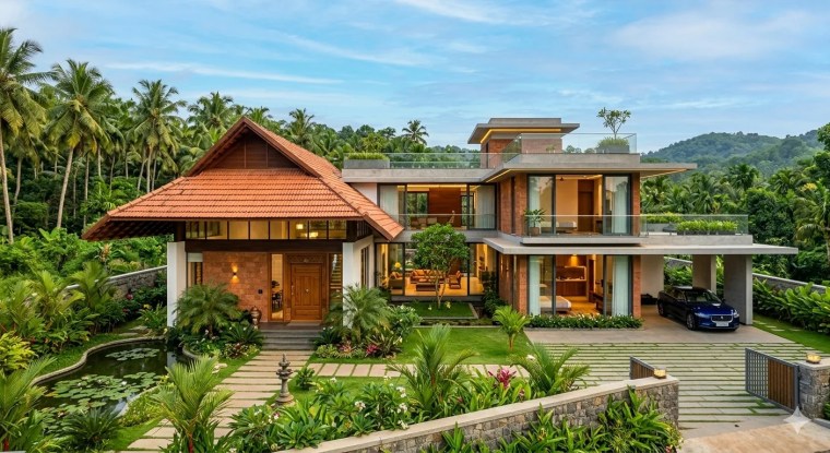 Modern Kerala luxury villa combining traditional sloped roof and contemporary glass design, set in a lush tropical garden with a Vastu pond, by Buildtech Builders.
